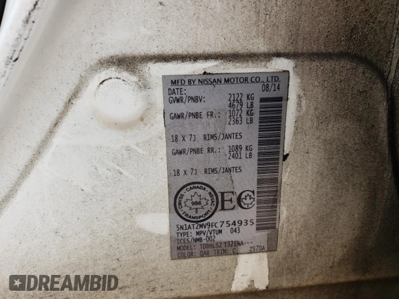 2015 Nissan Rogue SL z VIN 5N1AT2MV9FC754935, wystawiony jako Copart lot #59198955 z przebiegiem 180 001 mil mil oraz Szkoda całkowita • Salvage title. Historia ofert i sprzedaży dostępna na DreamBid. Obrazek 14.