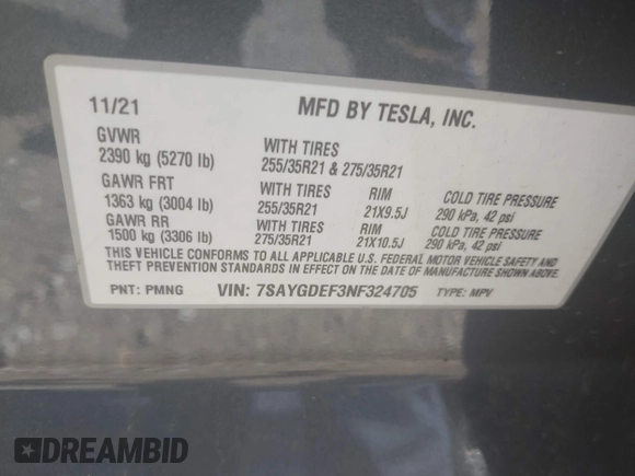 2022 Tesla Model Y Performance with VIN 7SAYGDEF3NF324705, listed as a IAAI auction lot 42076565 with 66,573 mi miles and . Bid and sale history available at DreamBid. Image 9.