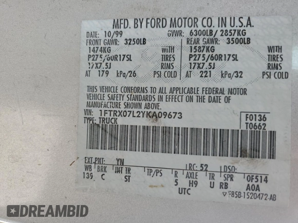 2000 Ford F-150 XL with VIN 1FTRX07L2YKA09673, listed as a Copart auction lot 48177615 with Not provided miles and Salvage title. Bid and sale history available at DreamBid. Image 12.