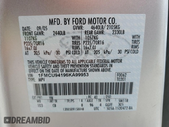 2006 Ford Escape Limited with VIN 1FMCU94196KA99953, listed as a Copart auction lot 88786175 with 154,129 mi miles and Salvage title. Bid and sale history available at DreamBid. Image 13.