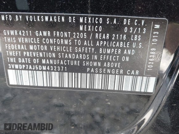 2013 Volkswagen Jetta SE z VIN 3VWDP7AJ5DM432371, wystawiony jako IAAI lot #42607003 z przebiegiem 172 077 mil mil oraz . Historia ofert i sprzedaży dostępna na DreamBid. Obrazek 9.