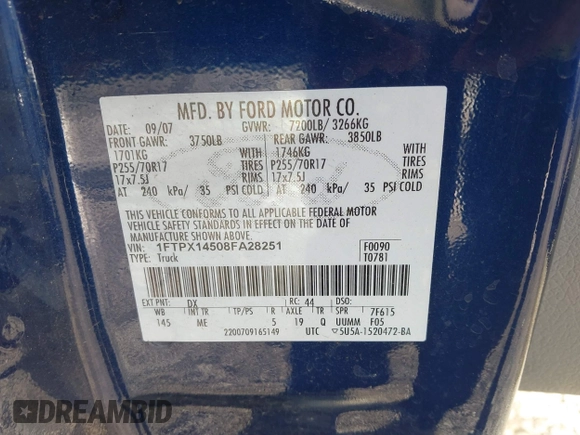 2008 Ford F-150 XLT with VIN 1FTPX14508FA28251, listed as a IAAI auction lot 41446134 with 114,305 mi miles and . Bid and sale history available at DreamBid. Image 9.