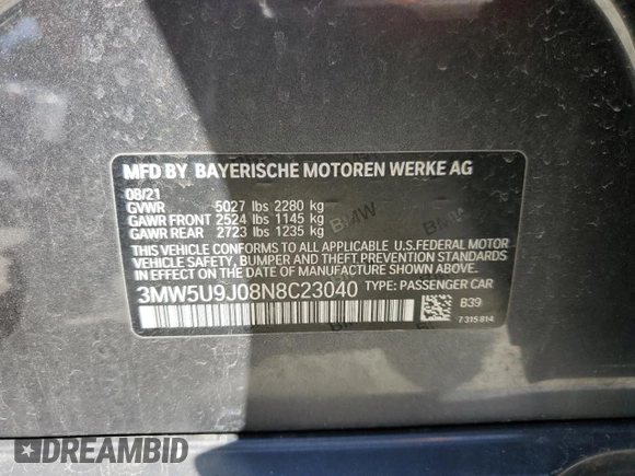 2022 BMW 3 Series M340i xDrive with VIN 3MW5U9J08N8C23040, listed as a Copart auction lot 49421355 with 0 mi miles and Salvage Title. Bid and sale history available at carsss.com. Image 12.