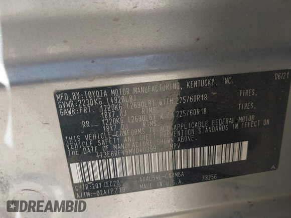 2021 Toyota RAV4 Hybrid XSE with VIN 4T3E6RFV6MU040399, listed as a IAAI auction lot 42020866 with 46,593 mi miles and . Bid and sale history available at DreamBid. Image 9.