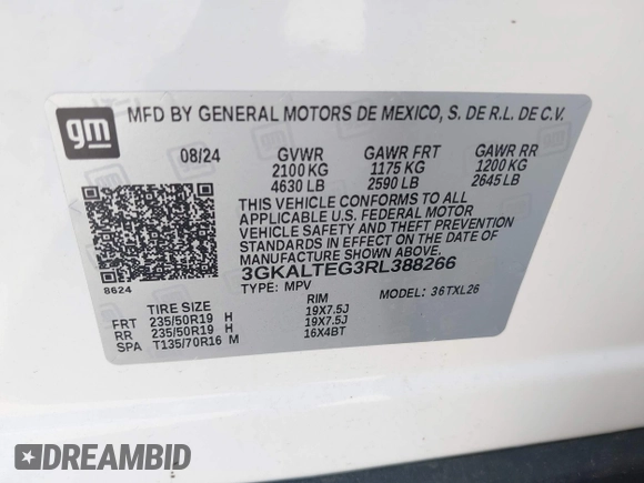 2024 GMC Terrain SLE with VIN 3GKALTEG3RL388266, listed as a IAAI auction lot 42582525 with 12,569 mi miles and . Bid and sale history available at DreamBid. Image 9.