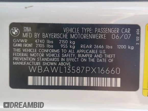 2007 BMW 3 Series 328i with VIN WBAWL13587PX16660, listed as a Copart auction lot 61865865 with 116,834 mi miles and Salvage title. Bid and sale history available at DreamBid. Image 12.