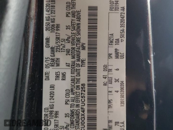 2015 Ford Escape SE with VIN 1FMCU0GX4FUC57258, listed as a Copart auction lot 51085685 with 216,724 mi miles and Salvage Title. Bid and sale history available at DreamBid. Image 13.
