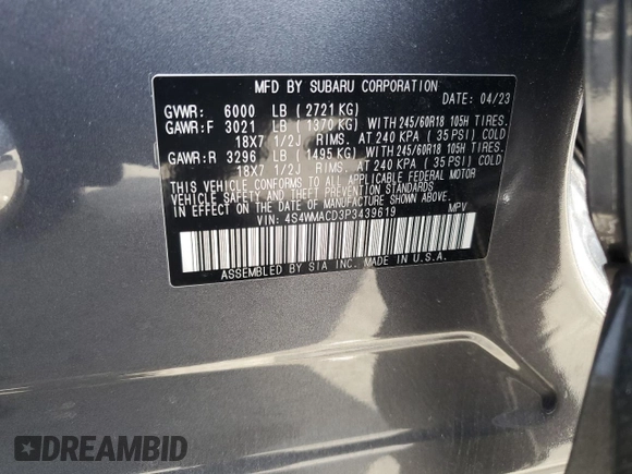 2023 Subaru Ascent Premium с VIN 4S4WMACD3P3439619, выставлен на аукционе Copart как лот 50900215 с пробегом 24 222 миль миль и Списание • Salvage title. История ставок и продаж доступна на DreamBid. Изображение 13.