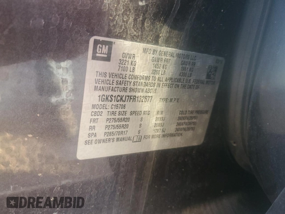 2015 GMC Yukon Denali with VIN 1GKS1CKJ7FR132677, listed as a Copart auction lot 82118584 with 144,798 mi miles and Salvage Title. Bid and sale history available at carsss.com. Image 13.