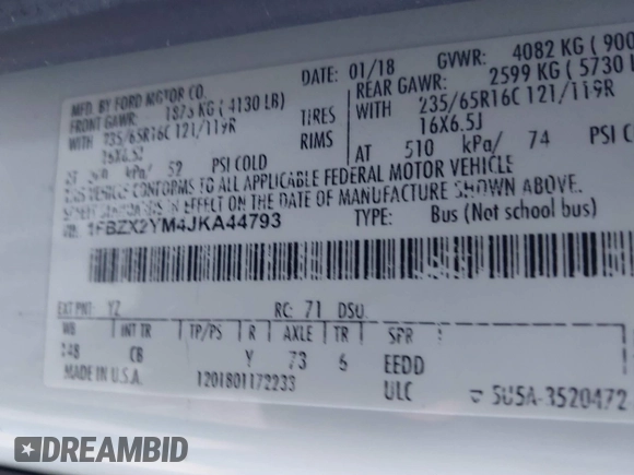 2018 Ford Transit Passenger XL with VIN 1FBZX2YM4JKA44793, listed as a IAAI auction lot 40969026 with 182,541 mi miles and . Bid and sale history available at carsss.com. Image 9.