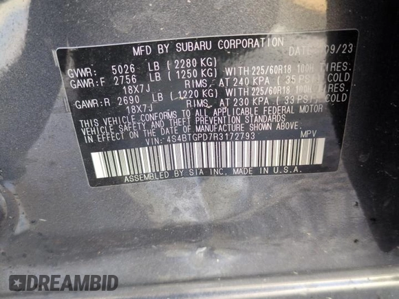2024 Subaru Outback Touring XT with VIN 4S4BTGPD7R3172793, listed as a Copart auction lot 45950715 with 6,712 mi miles and Salvage title. Bid and sale history available at DreamBid. Image 12.
