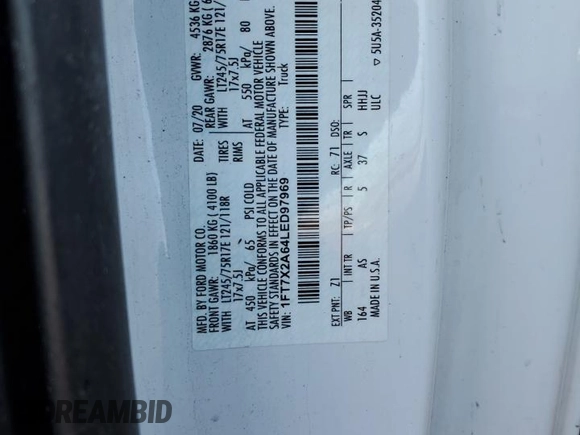 2020 Ford F-250 XL with VIN 1FT7X2A64LED97969, listed as a Copart auction lot 85170604 with Not provided miles and Salvage title. Bid and sale history available at DreamBid. Image 13.