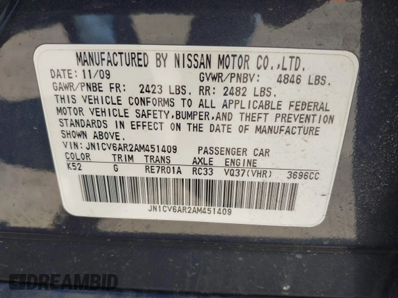 2010 Infiniti G37 x with VIN JN1CV6AR2AM451409, listed as a IAAI auction lot 41990672 with 82,569 mi miles. Bid and sale history available at carsss.com. Image 9.