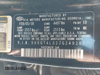 2018 Kia Optima LX with VIN 5XXGT4L32JG249287, listed as a IAAI auction lot 41701434 with 92,390 mi miles and . Bid and sale history available at DreamBid. Image 9.