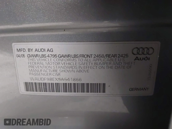 2005 Audi A4 2.0T with VIN WAUDF98EX5A541866, listed as a IAAI auction lot 41502857 with 105,631 mi miles. Bid and sale history available at carsss.com. Image 9.