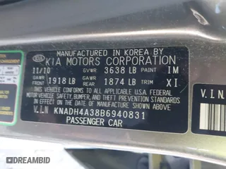 2011 Kia Rio LX with VIN KNADH4A38B6940831, listed as a IAAI auction lot 41287266 with 185,924 mi miles. Bid and sale history available at carsss.com. Image 9.