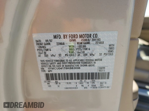2008 Ford Escape Limited с VIN 1FMCU04178KB83896, выставлен на аукционе Copart как лот 57749135 с пробегом 114 397 миль миль и Списание • Salvage title. История ставок и продаж доступна на DreamBid. Изображение 13.