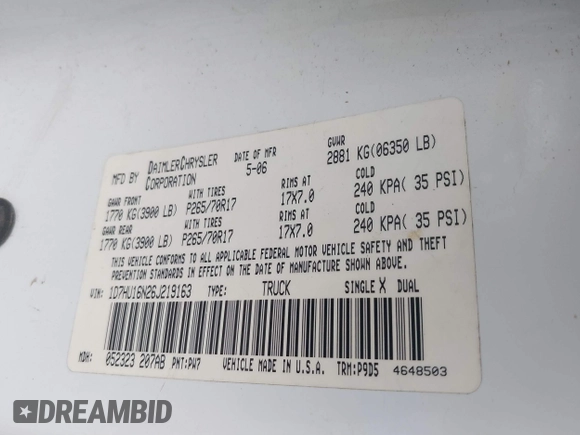 2006 Dodge 1500 SLT with VIN 1D7HU16N26J219163, listed as a IAAI auction lot 39955701 with 169,228 mi miles and . Bid and sale history available at DreamBid. Image 9.