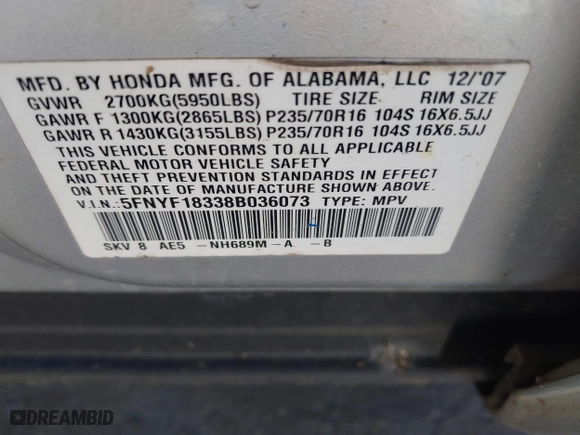 2008 Honda Pilot SE with VIN 5FNYF18338B036073, listed as a IAAI auction lot 42069377 with 191,324 mi miles. Bid and sale history available at carsss.com. Image 9.