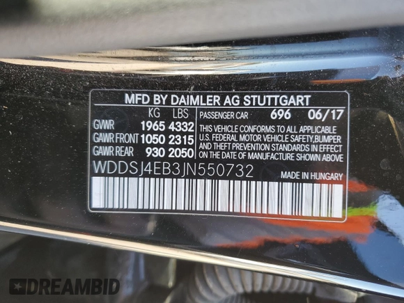 2018 Mercedes-Benz CLA 250 with VIN WDDSJ4EB3JN550732, listed as a Copart auction lot 41481194 with 46,832 mi miles and . Bid and sale history available at DreamBid. Image 13.