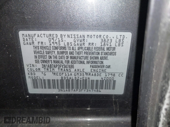 2015 Nissan Sentra S with VIN 3N1AB7AP3FY347486, listed as a IAAI auction lot 41447802 with Not Provided miles. Bid and sale history available at carsss.com. Image 9.