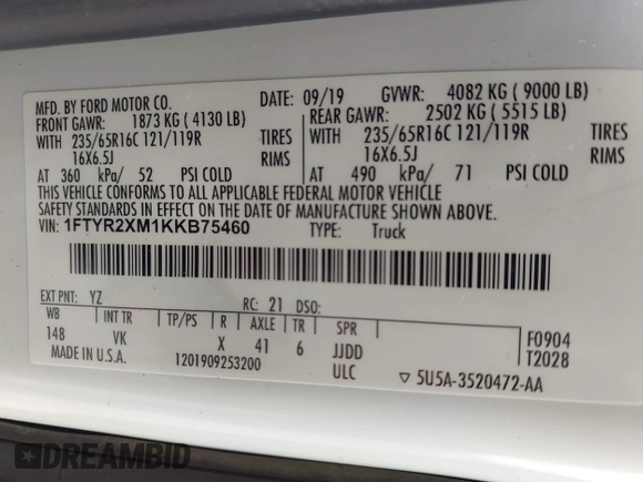 2019 Ford Transit with VIN 1FTYR2XM1KKB75460, listed as a IAAI auction lot 42682602 with 62,669 mi miles and . Bid and sale history available at DreamBid. Image 9.