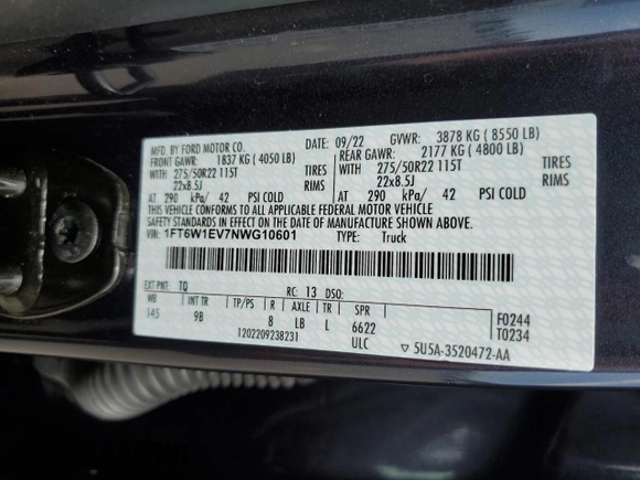 2022 Ford F-150 Lightning Pro z VIN 1FT6W1EV7NWG10601, wystawiony jako Copart lot #55057445 z przebiegiem Nie podano mil oraz Szkoda całkowita • Salvage title. Historia ofert i sprzedaży dostępna na DreamBid. Obrazek 12.