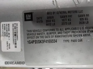 2015 Buick Verano Group with VIN 1G4PS5SK3F4169334, listed as a IAAI auction lot 41611790 with 121,309 mi miles and . Bid and sale history available at DreamBid. Image 9.