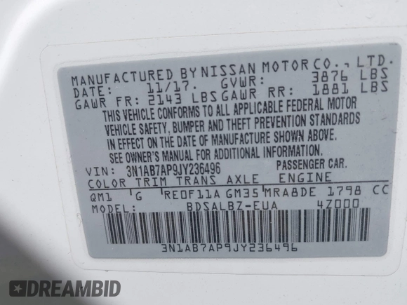 2018 Nissan Sentra SV with VIN 3N1AB7AP9JY236496, listed as a IAAI auction lot 42006351 with 61,356 mi miles. Bid and sale history available at carsss.com. Image 9.