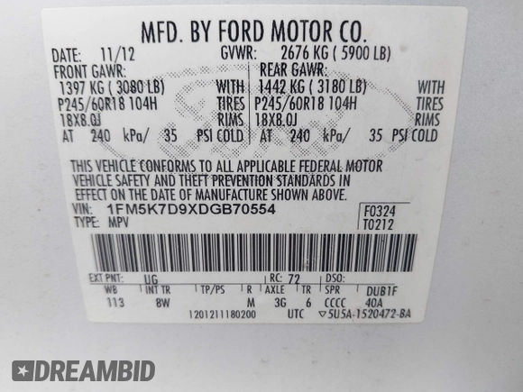 2013 Ford Explorer XLT z VIN 1FM5K7D9XDGB70554, wystawiony jako IAAI lot #42274790 z przebiegiem 185 141 mil mil oraz . Historia ofert i sprzedaży dostępna na DreamBid. Obrazek 9.