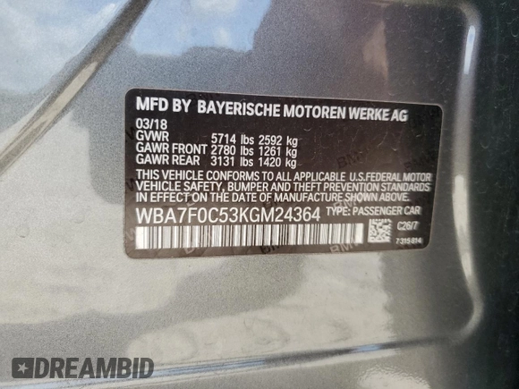 2019 BMW 7 Series 750i with VIN WBA7F0C53KGM24364, listed as a Copart auction lot 53947725 with 71,022 mi miles and Salvage Title. Bid and sale history available at carsss.com. Image 12.