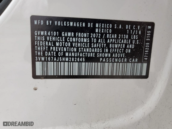 2017 Volkswagen Jetta 1.4T S with VIN 3VW167AJ5HM282645, listed as a Copart auction lot 52574995 with 75,541 mi miles and Salvage Title. Bid and sale history available at carsss.com. Image 12.