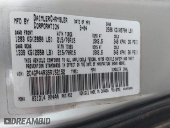 2005 Chrysler Town & Country LX with VIN 2C4GP44R35R152152, listed as a IAAI auction lot 42190551 with 128,239 mi miles and . Bid and sale history available at DreamBid. Image 9.