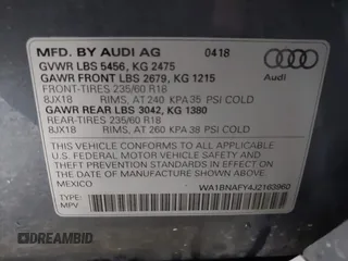 2018 Audi Q5 Premium Plus with VIN WA1BNAFY4J2163960, listed as a IAAI auction lot 41758638 with 59,803 mi miles. Bid and sale history available at carsss.com. Image 9.