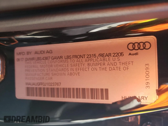 2018 Audi A3 Sedan Premium with VIN WAUAUGFF0J1023767, listed as a Copart auction lot 68046483 with 79,747 mi miles. Bid and sale history available at carsss.com. Image 13.