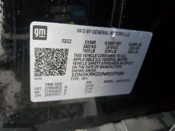 2022 Chevrolet Tahoe RST with VIN 1GNSKRKD2NR237588, listed as a Copart auction lot 80735384 with 36,370 mi miles and Salvage Title. Bid and sale history available at carsss.com. Image 14.