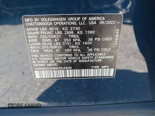 2022 Volkswagen Atlas 3.6L V6 SE w/Technology with VIN 1V2HR2CA9NC554408, listed as a IAAI auction lot 40941820 with 1 mi miles. Bid and sale history available at carsss.com. Image 9.