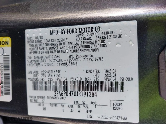 2018 Ford Fusion SE with VIN 3FA6P0H70JR191384, listed as a IAAI auction lot 41340319 with NaN miles. Bid and sale history available at carsss.com. Image 9.