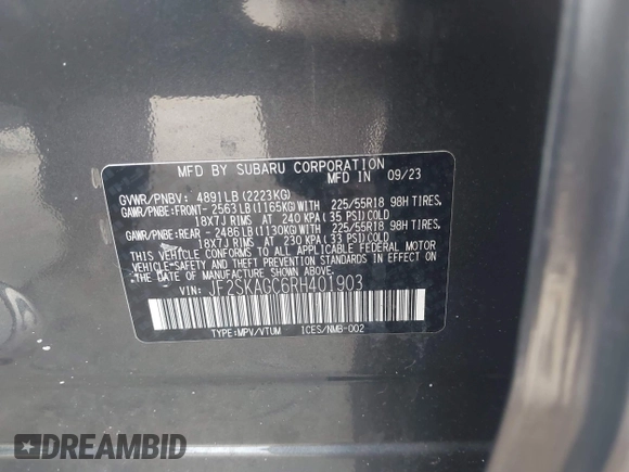 2024 Subaru Forester Sport with VIN JF2SKAGC6RH401903, listed as a IAAI auction lot 41701490 with 17,922 mi miles. Bid and sale history available at carsss.com. Image 9.