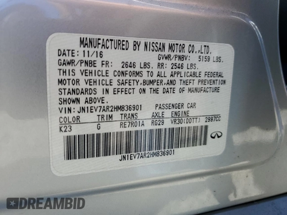 2017 Infiniti Q50 Signature Edition z VIN JN1EV7AR2HM836901, wystawiony jako Copart lot #58598685 z przebiegiem 133 310 mil mil oraz Szkoda całkowita • Salvage title. Historia ofert i sprzedaży dostępna na DreamBid. Obrazek 12.