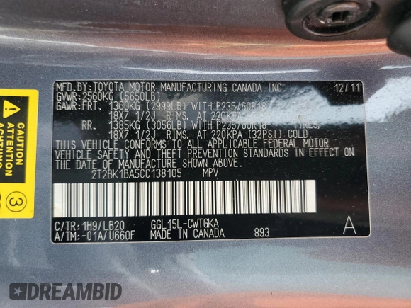 2012 Lexus RX 350 with VIN 2T2BK1BA5CC138105, listed as a Copart auction lot 63394215 with 164,909 mi miles and Salvage title. Bid and sale history available at DreamBid. Image 13.
