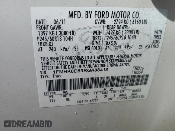 2011 Ford Explorer XLT with VIN 1FMHK8D89BGA88418, listed as a Copart auction lot 68268154 with 171,902 mi miles and Salvage title. Bid and sale history available at DreamBid. Image 15.