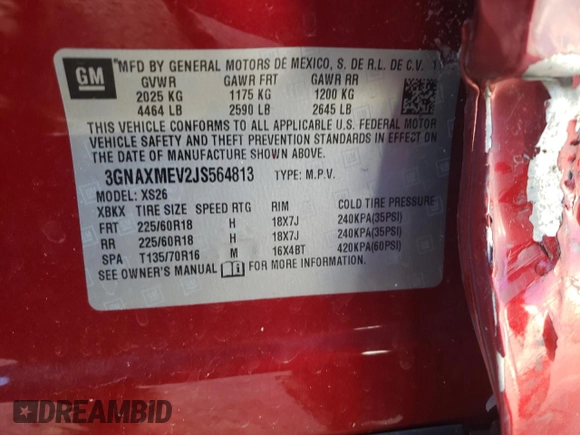 2018 Chevrolet Equinox Premier with VIN 3GNAXMEV2JS564813, listed as a Copart auction lot 52710195 with 70,042 mi miles and Salvage Title. Bid and sale history available at carsss.com. Image 15.