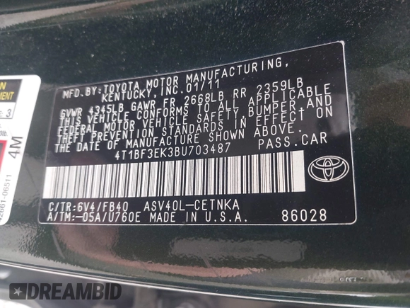 2011 Toyota Camry LE z VIN 4T1BF3EK3BU703487, wystawiony jako IAAI lot #42112553 z przebiegiem 133 063 mil mil oraz . Historia ofert i sprzedaży dostępna na DreamBid. Obrazek 9.