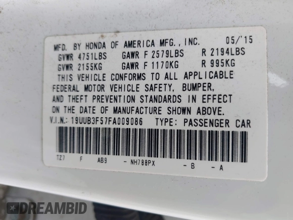 2015 Acura TLX V6 Tech with VIN 19UUB3F57FA009086, listed as a IAAI auction lot 41735411 with 212,203 mi miles. Bid and sale history available at carsss.com. Image 9.