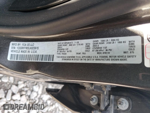 2020 Ram 1500 Big Horn with VIN 1C6SRFFM3LN323615, listed as a Copart auction lot 65014024 with 90,808 mi miles and Salvage Title. Bid and sale history available at carsss.com. Image 14.