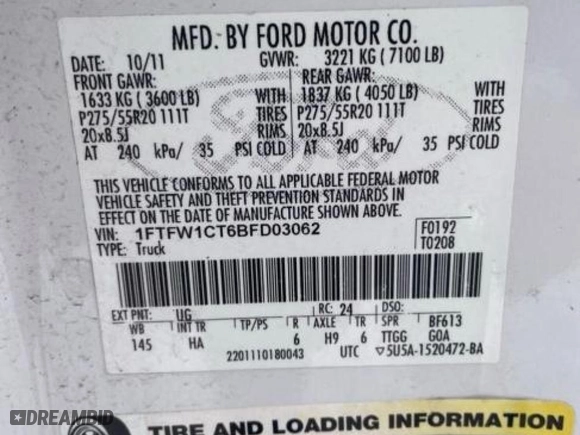2011 Ford F-150 XLT with VIN 1FTFW1CT6BFD03062, listed as a Copart auction lot 45430545 with 188,000 mi miles and Clean Title. Bid and sale history available at carsss.com. Image 10.