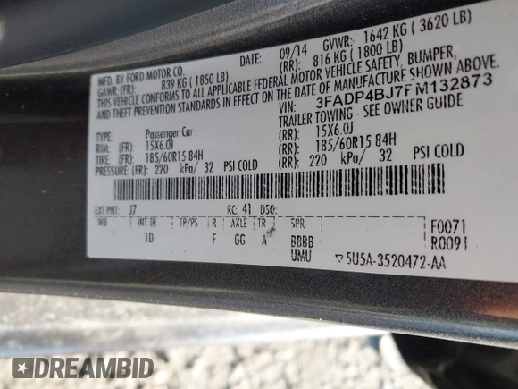2015 Ford Fiesta SE with VIN 3FADP4BJ7FM132873, listed as a IAAI auction lot 41812405 with 180,522 mi miles. Bid and sale history available at carsss.com. Image 9.