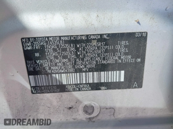 2010 Toyota RAV4 with VIN 2T3BF4DV0AW043982, listed as a IAAI auction lot 41764235 with 1 mi miles. Bid and sale history available at carsss.com. Image 9.