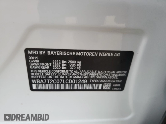 2020 BMW 7 Series 740i with VIN WBA7T2C07LCD01249, listed as a Copart auction lot 89365855 with 38,432 mi miles and Salvage Title. Bid and sale history available at carsss.com. Image 13.